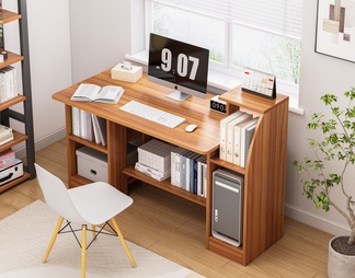 书桌 办公桌 挂画 电脑主机 书籍绿植组合摆件