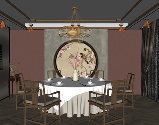 餐厅包厢 圆形餐桌椅 吊灯 墙饰格栅挂画 餐厅