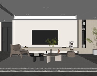 客厅 电视墙 单人沙发 沙发凳 茶几 圆几 绿植 盆栽 装饰摆件 地毯