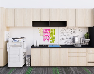 办公区操作台，打印区，咖啡机，绿植，柜子，装饰壁纸