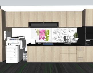办公区操作台，打印区，咖啡机，绿植，柜子，装饰壁纸