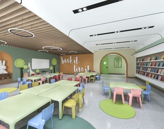 幼儿园教室 儿童活动空间 幼儿园背景墙 儿童书架 儿童桌椅