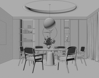 餐厅，圆形餐桌椅，圆形吊灯，定制餐边柜，纱帘，餐椅