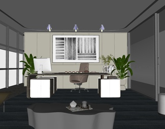 经理办公室领导 异形单椅 办公桌椅班台老板台组合 异形茶几 绿植 沙发
