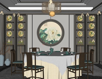 餐厅包厢 圆形餐桌椅 吊灯 墙饰背景 摆件 餐厅