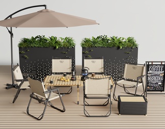 户外桌椅组合 露营桌椅 植物花箱 遮阳伞