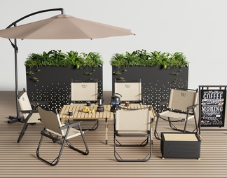 户外桌椅组合 露营桌椅 植物花箱 遮阳伞