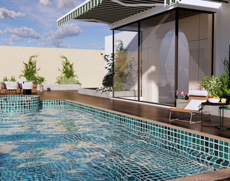 户外游泳池 户外露台花园 躺椅 绿植组合 别墅游泳池 屋顶用泳池