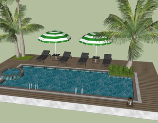 户外游泳池 泳池躺椅 户外椅 沙滩椅 遮阳伞 椰子树