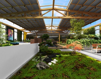 屋顶花园，阳光房，室内景观，茶室，绿植，家具，水景