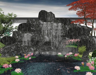 假山水景庭园 园林景观水池 假山跌水瀑布 庭园景观石头组合 睡莲荷花