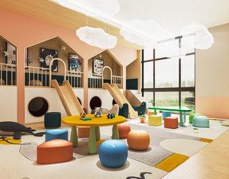 幼儿园娱乐室,活动中心,儿童活动室,儿童屋,滑滑梯,儿童桌椅