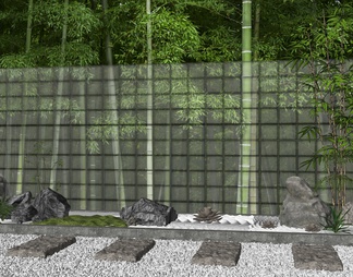 玻璃砖景墙 艺术砖参数化景墙 竹林背景 枯山水景观 景观石头