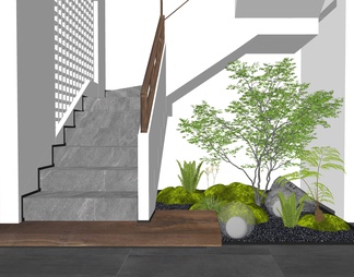 楼梯间 室内植物造景 石头 植物堆 乔木