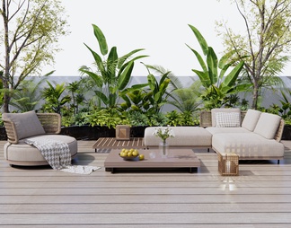 户外沙发 藤编休闲沙发 单人沙发 灌木绿植 户外植物
