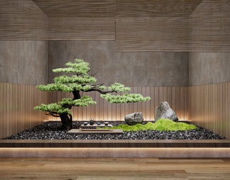 庭院小品 室内景观造景 松树盆栽 石头假山 茶台 茶室