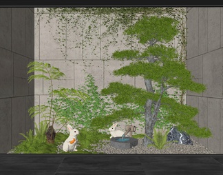 中庭庭院小品 室内植物造景 天井景观 爬山虎 蕨类植物堆 青苔 水钵 松树