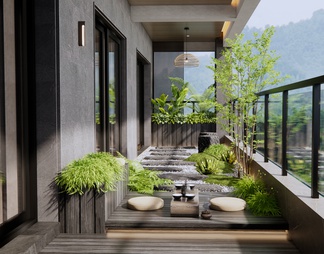 家居阳台 枯山水 植物景观 花草 茶桌椅