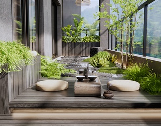 家居阳台 枯山水 植物景观 花草 茶桌椅