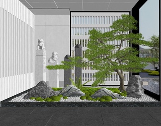 室内景观造景 庭院小品 雪花石 造型松树 拴马柱 苔藓植物 景观石头