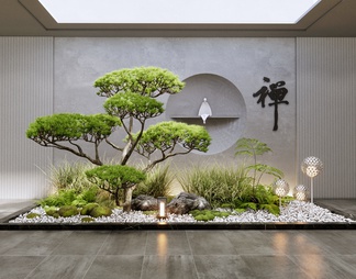 室内景观造景 庭院小品 造型松树 植物堆景观 蕨类植物 地灯