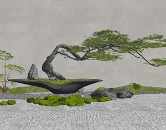 松树盆栽 迎客松盆景 石头 苔藓 园艺景观造景