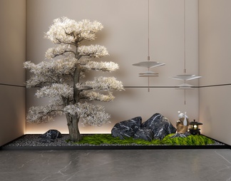 室内景观造景 庭院小品 景观石头 造型松树 吊灯