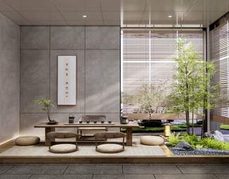 榻榻米茶室 茶桌椅 茶台 室内景观造景 植物堆景观 竹子 蕨类植物