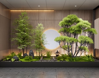 室内植物造景 庭院小品 植物堆 松树 景观石 竹子