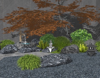 枯山水庭院造景 红枫庭院树 景观石头 假山水景 水钵 草丛 植物堆