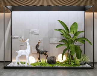 室内景观造景 庭院小品 麋鹿雕塑 植物堆 花境 植物组合 苔藓