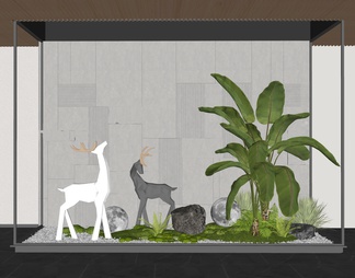 室内景观造景 庭院小品 麋鹿雕塑 植物堆 花境 植物组合 苔藓