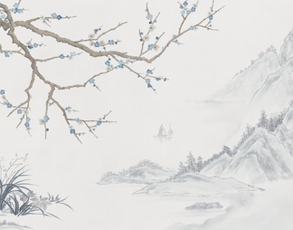 中式植物壁画贴图
