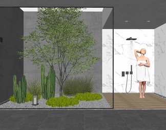 室内景观造景 卫生间 洗浴人物 洗澡美女 植物景观 植物堆 乔木 苔藓草堆