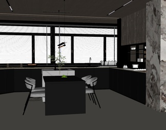 开放式厨房 餐桌椅组合 吊灯
