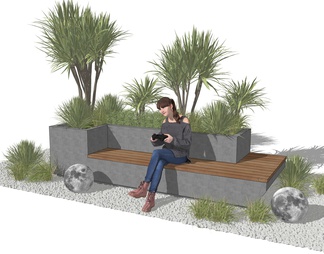 景观座椅 花池 植物组合 植物堆 鹅卵石 坐姿人物