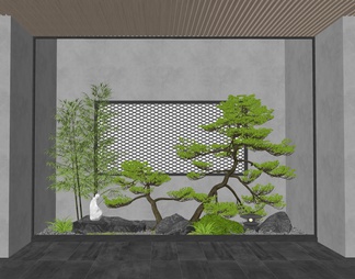 室内景观造景 庭院景观小品 石头 松树 竹子 植物景观
