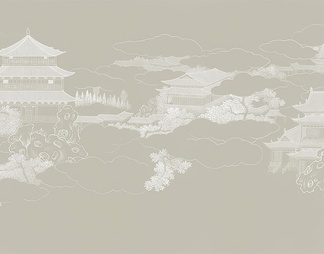 新中式山水云阁仙境阁楼壁画贴图