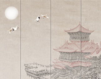 中式建筑亭台仙鹤壁纸贴图