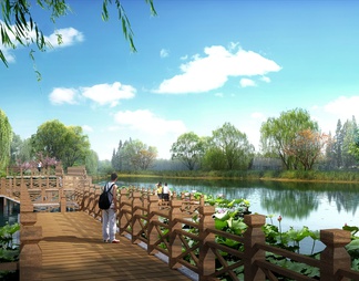 公园湖中木道景观效果图