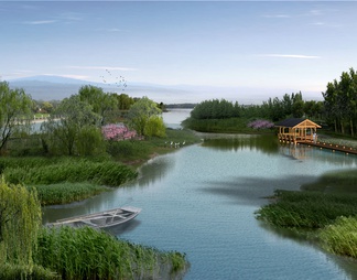 湿地公园沿河景观鸟瞰图
