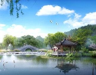 江南园林公园透视图