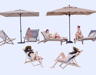 比基尼美女 人物 沙滩人物 游泳人物 晒太阳人物 美女 遮阳伞 户外躺椅