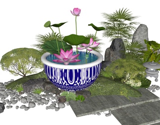 禅意水钵 青花瓷水缸 荷花水景 庭园景观小品
