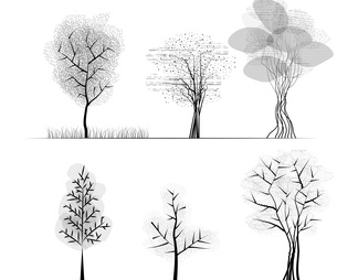 黑白素描风立面树木植物免抠PSD