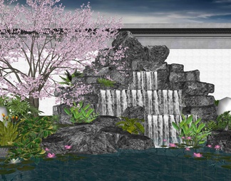 假山叠水 跌水瀑布 园林景观水池 景观石头组合 庭园荷花 樱花