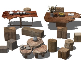 茶几 茶桌 木头 木板 木茶桌 旧木板 茶具 木凳-2