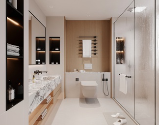 卫生间，台盆柜，淋浴房，坐便器，镜子，卫浴柜