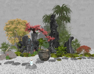 庭院小品 室内景观造景 假山石头 水钵 景观树 汀步 石头 微地形 盆栽