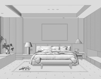 卧室，，，床品组合，台灯，装饰画，盆栽，背景墙